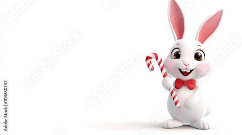 Cheerful Cartoon Rabbit Holding Candy Cane in Winter Holiday Scene