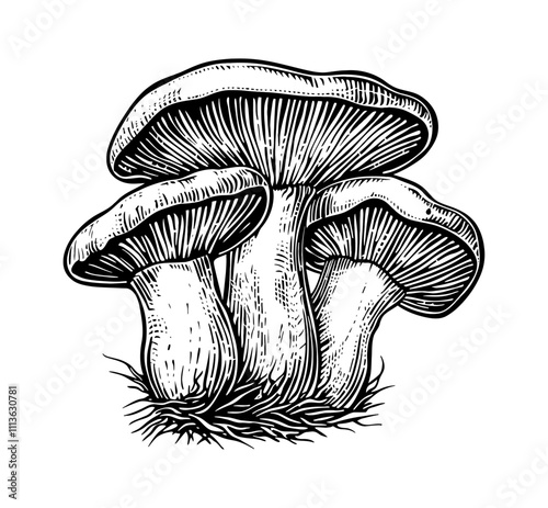 mushroom oyster engraving black and white outline