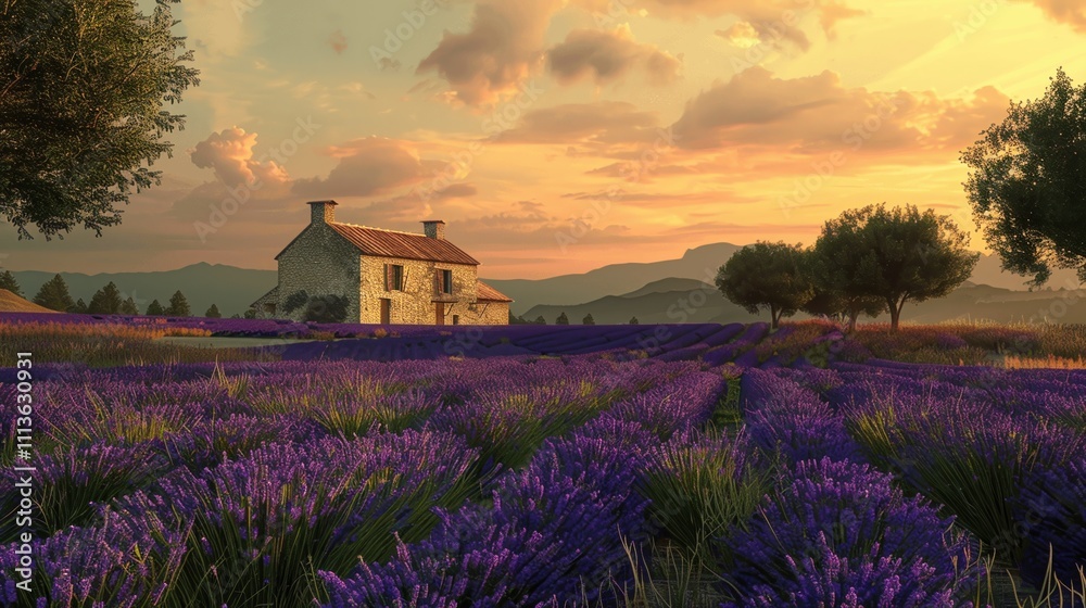 Tranquil Lavender Field with Rustic House at Sunset Glow Tranquil Lavender Field with Rustic House at Sunset Glow