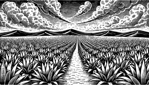 wide agave field engraving black and white outline