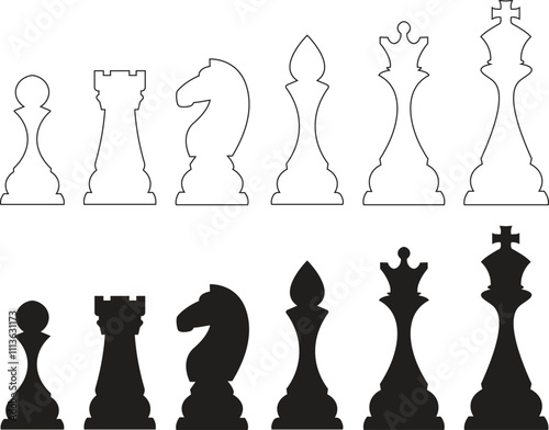 Chess piece line and flat silhouette icons set. Smart board game elements. Chess icon vector illustration for web design isolated on white background. King, queen, bishop, pawn, horse, knight, rook.