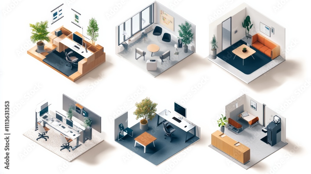 A modern, isometric illustration of various office spaces featuring desks, chairs, plants, and distinct layouts. A modern, isometric illustration of various office spaces featuring desks, chairs, plants, and distinct layouts.