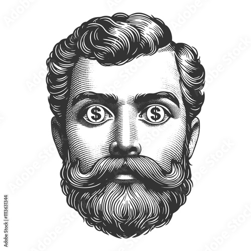 man with excited expression and dollar signs in his eyes, symbolizing greed or financial ambition sketch engraving generative ai vector illustration. Scratch board imitation. Black and white image.