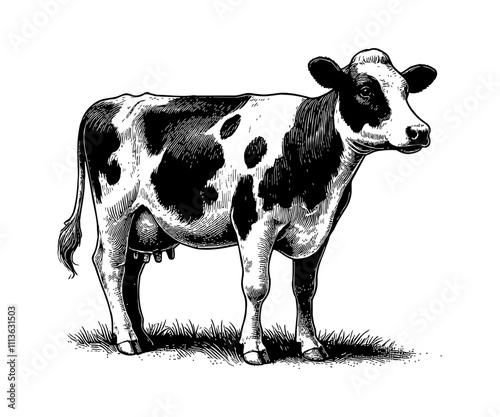 dairy cow engraving black and white outline