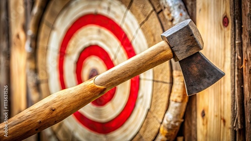 Close up of a throwing axe hitting a bullseye target, bullseye, target, axe, throwing, aim, accuracy, precision, vertical