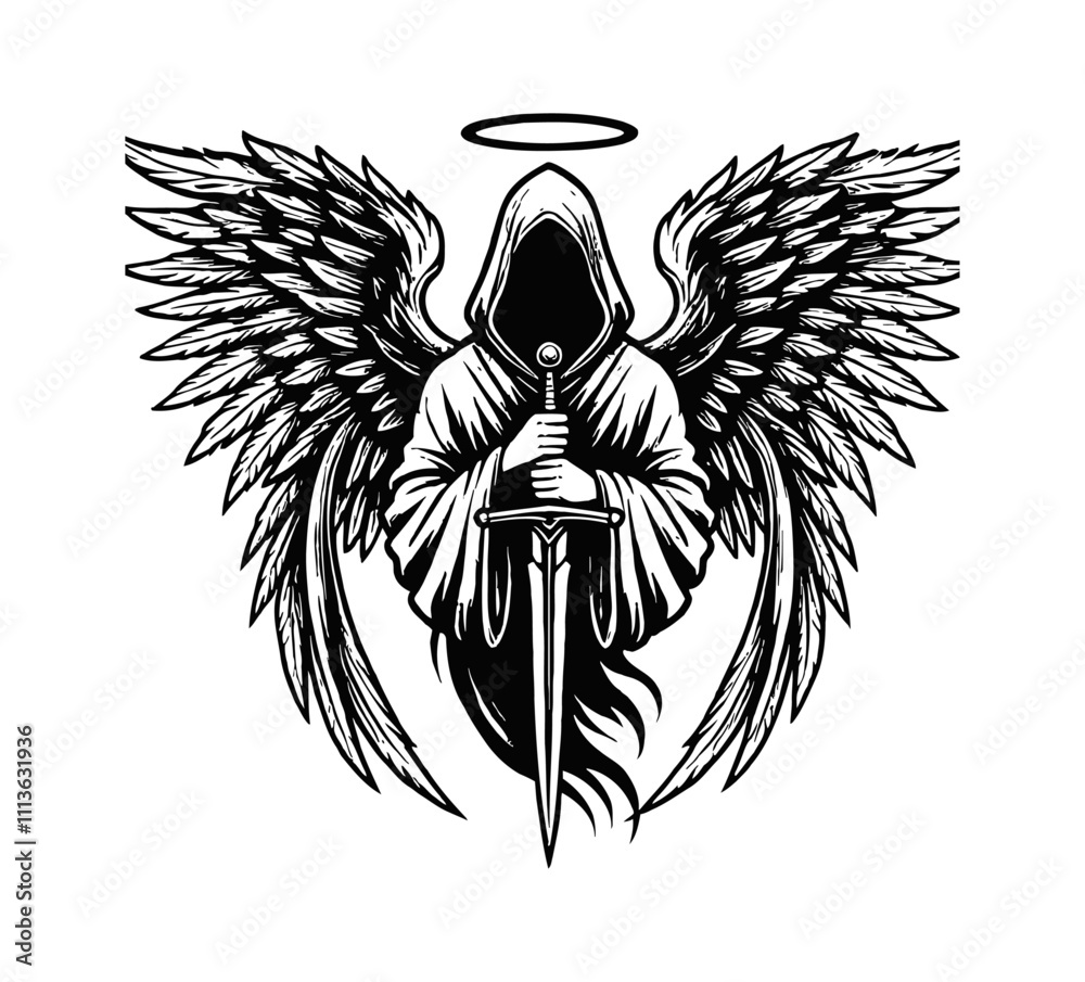 Obraz premium skull wing angel death sword engraving black and white outline