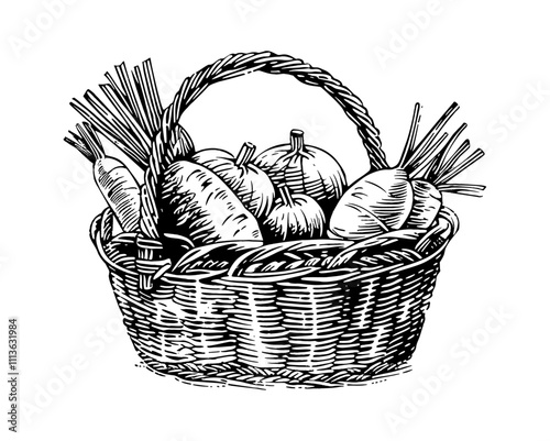 basket vegetable engraving black and white outline