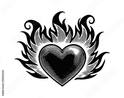 love shape fire burning engraving black and white outline