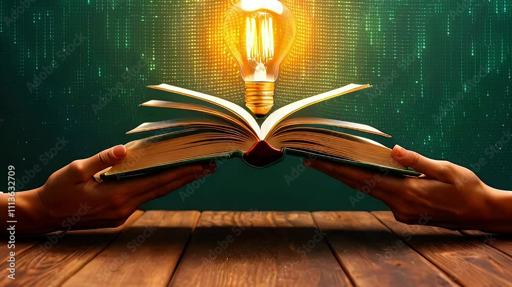 A book with a glowing light bulb symbolizes knowledge and ideas.