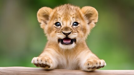 Crédence de cuisine Lion Baby lion cub is standing on a wooden post with its paws on the post. The cub is smiling and he is happy  © Nataliia_Trushchenko