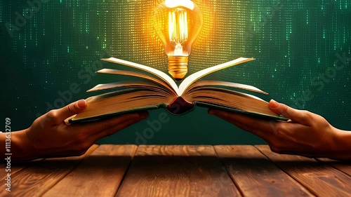 A book with a glowing light bulb symbolizes knowledge and ideas.