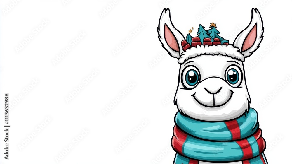 Naklejka premium Adorable Cartoon Llama or Alpaca in Winter Outfit with Wreath
