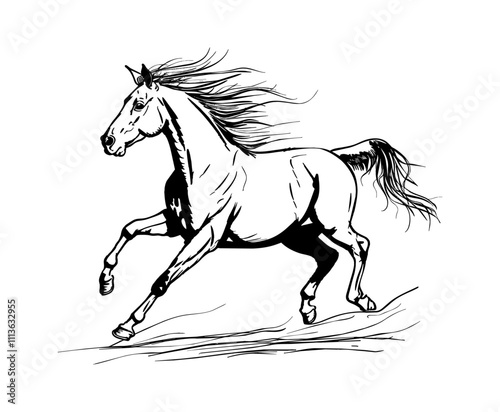 horse run engraving black and white outline