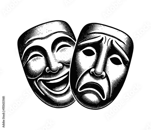 two theater mask sad and happy engraving black and white outline