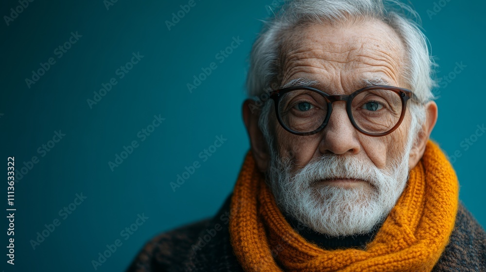 Man with glasses and a yellow scarf is looking at the camera. He is a senior citizen Man with glasses and a yellow scarf is looking at the camera. He is a senior citizen