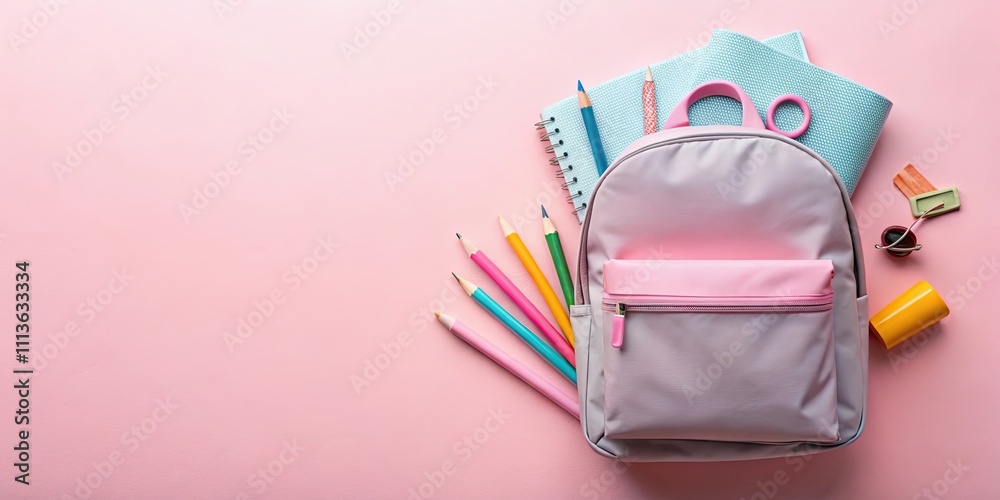 Back to school backpack with school stationery on pastel pink background flat lay, backpack Back to school backpack with school stationery on pastel pink background flat lay, backpack