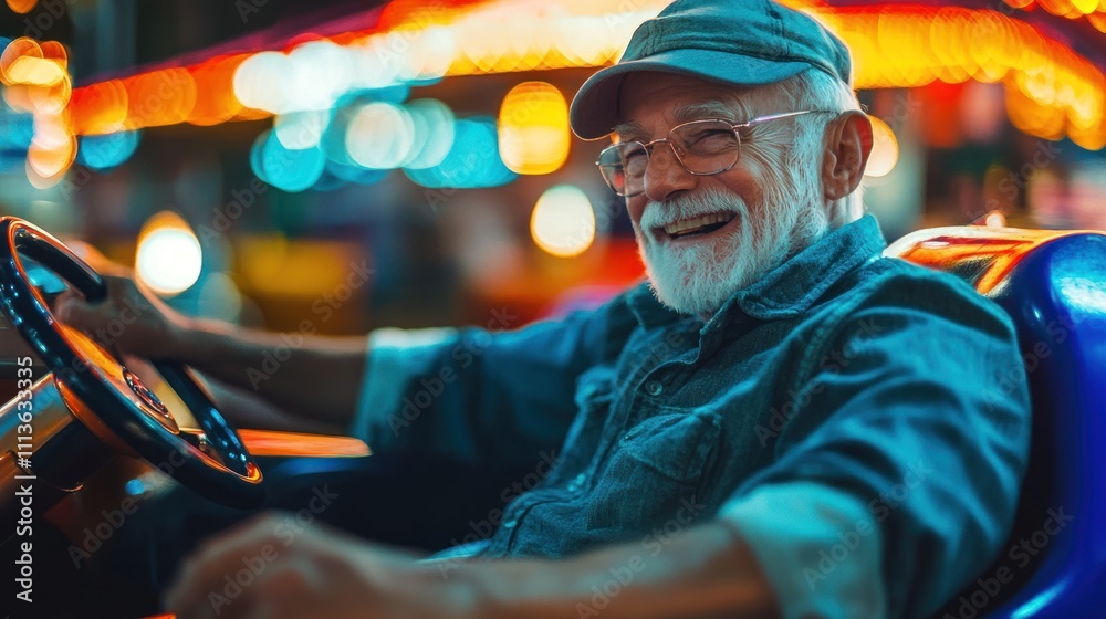 Joyful Senior Citizen Enjoying a Night at the Amusement Park