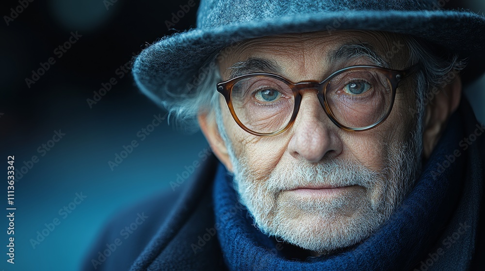 Man wearing a hat and glasses with a blue scarf around his neck. He has a serious expression on his face Man wearing a hat and glasses with a blue scarf around his neck. He has a serious expression on his face