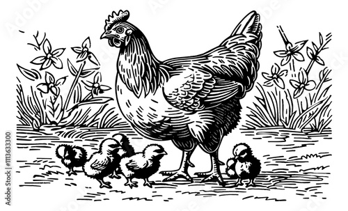 hen and little chick engraving black and white outline
