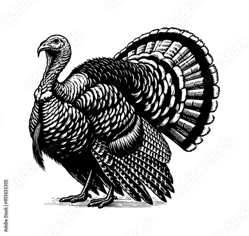 turkey bird engraving black and white outline