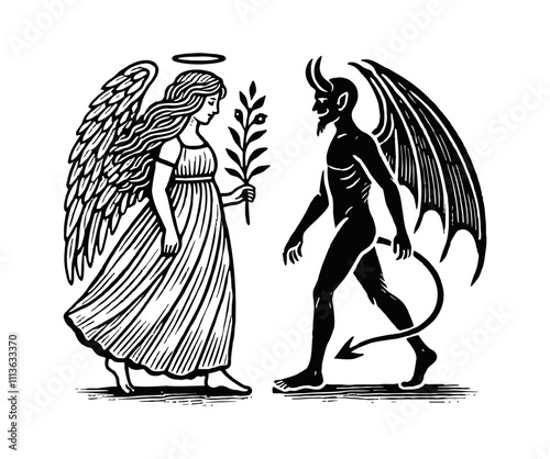 angel holding leaf and demon engraving black and white outline