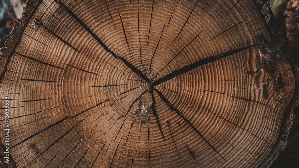 Fototapeta premium Close-up photo of a Douglas Fir tree cut surface showcasing its light natural tones, detailed growth rings, and organic texture, perfect for nature backgrounds and woodworking design projects. 