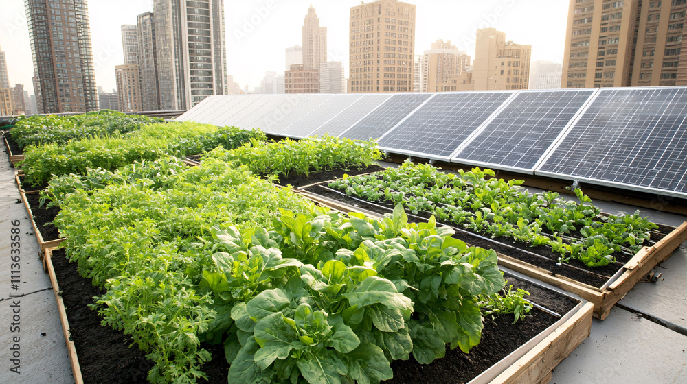 A densely packed urban garden flourishing with vibrant green vegetables and herbs, set against a backdrop of towering city buildings. Solar panels on rooftops represent sustainable practices in food A densely packed urban garden flourishing with vibrant green vegetables and herbs, set against a backdrop of towering city buildings. Solar panels on rooftops represent sustainable practices in food