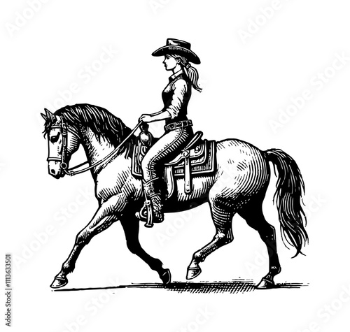 woman riding a horse engraving black and white outline