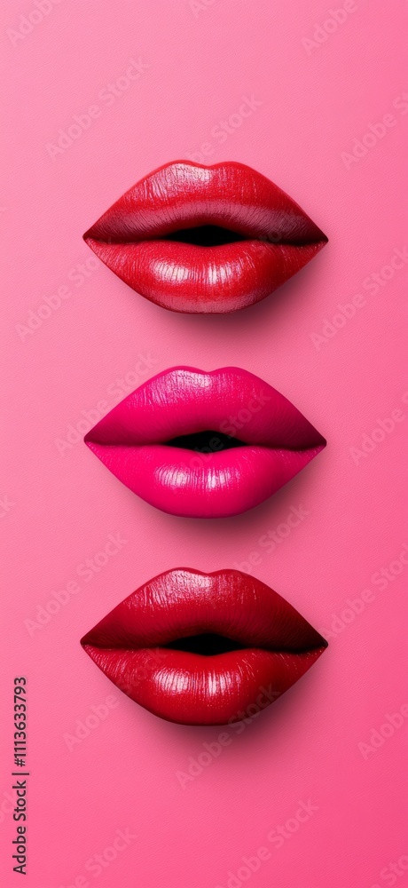 Three lips with varying shades of red lipstick are shown, with the lips open and the lipstick visible. The shades of red lipstick range from a deep burgundy to a lighter pink Three lips with varying shades of red lipstick are shown, with the lips open and the lipstick visible. The shades of red lipstick range from a deep burgundy to a lighter pink