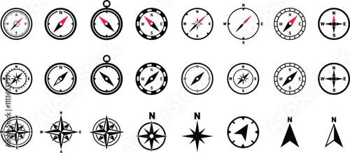 Monochrome navigational compass set with cardinal direction of North, East, West, South. Geographical position, cartography and navigation. Nautical chart isolated on transparent background.