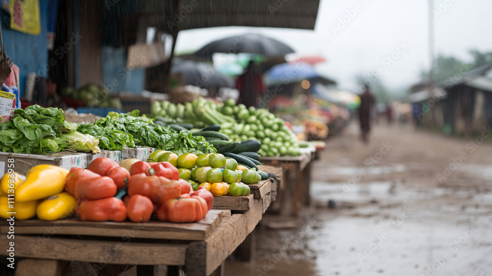 A market stall selling a limited variety of fresh produce, with prices marked higher than usual. In the background, signs of extreme weather events, such as heavy rain or scorching sun, underline the A market stall selling a limited variety of fresh produce, with prices marked higher than usual. In the background, signs of extreme weather events, such as heavy rain or scorching sun, underline the