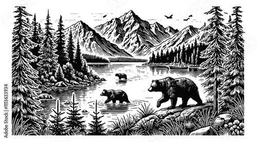 mountain landscape with a lake in the foreground, two bears walking in the water engraving black and white outline