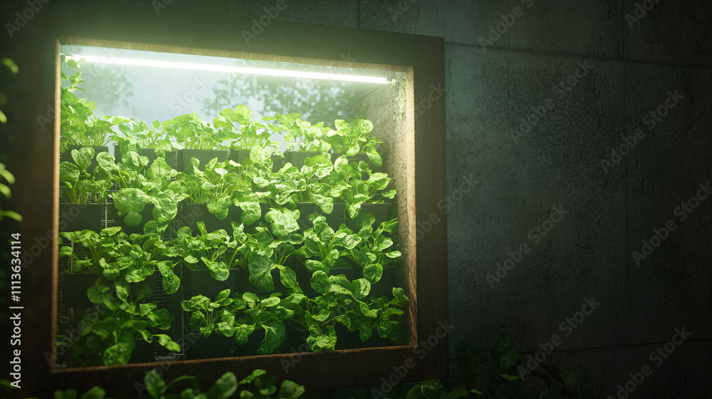 A thriving vertical farm illuminated with energy-efficient LED lights, growing leafy greens in a controlled environment. The futuristic indoor setup stands in contrast to a window view showing a A thriving vertical farm illuminated with energy-efficient LED lights, growing leafy greens in a controlled environment. The futuristic indoor setup stands in contrast to a window view showing a