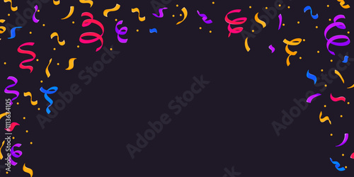 Colorful Confetti Background in Cartoon Style Perfect for Celebrations and Holidays. Party confetti decorations falls from sky. Anniversary frame isolated on dark background