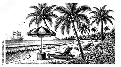 beach landscape chair umbrella palm tree engraving black and white outline