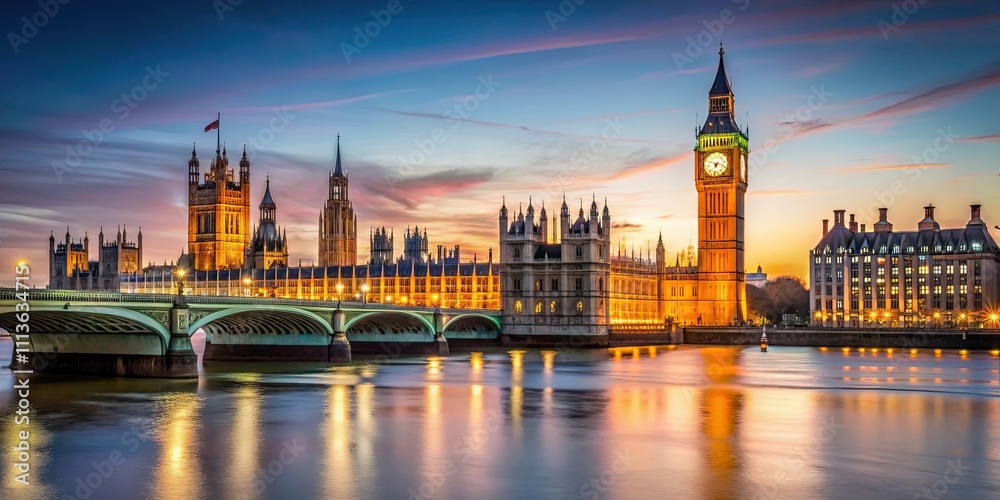 Big Ben and Westminster Bridge illuminating against the evening sky in London , London, Big Ben, Westminster Bridge Big Ben and Westminster Bridge illuminating against the evening sky in London , London, Big Ben, Westminster Bridge