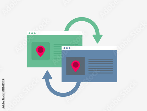Local SEO backlinks illustration with link-building strategies, website connections, geolocation markers and optimized local content. Focus on improving search rankings and boosting online visibility