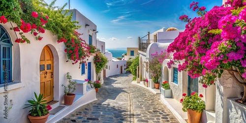 Fototapeta Naklejka Na Ścianę i Meble -  Beautiful street in Santorini, Greece featuring vibrant flowers and traditional white buildings, Santorini