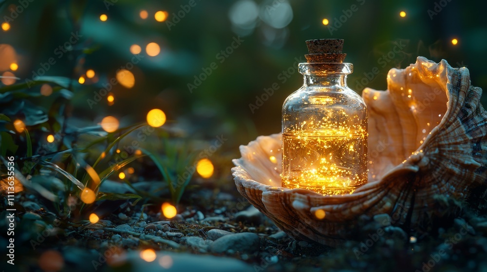 A glowing bottle rests in a seashell, surrounded by ethereal light particles, creating a magical, serene atmosphere in a natural setting.