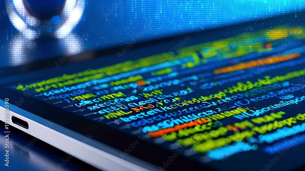 A close-up of code displayed on a tablet screen, highlighting programming and digital work.