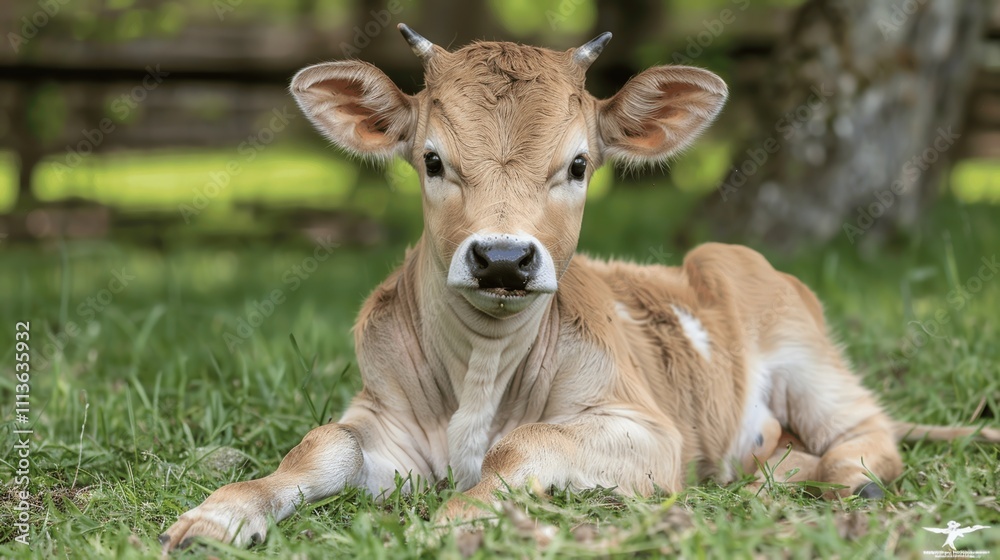 Calm Brown Calf Relaxing in Green Grass Under Bright Natural Light Calm Brown Calf Relaxing in Green Grass Under Bright Natural Light