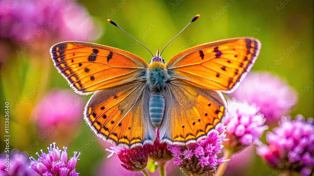 Naklejka premium Close-up view of a vibrant Lycaena phlaeas butterfly on a flower, Lycaena phlaeas, butterfly, close-up, insect, wings, vibrant