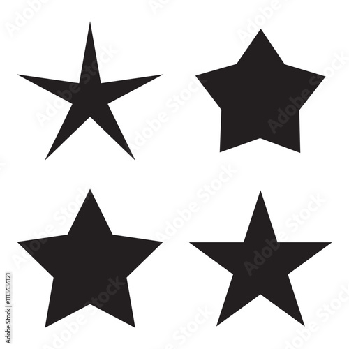 Star icons. Assorted black shapes. Bold celestial design. Abstract geometric vector.