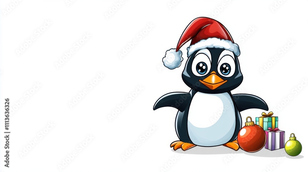 Obraz premium Cute Christmas Penguin in Santa Hat with Gifts