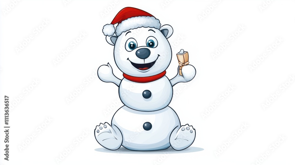Cheerful Snowman Wearing Santa Hat and Scarf in Winter Wonderland Cheerful Snowman Wearing Santa Hat and Scarf in Winter Wonderland
