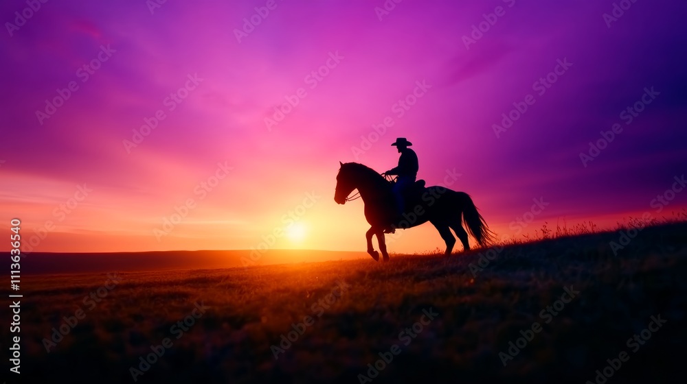 Cowboy riding a horse through a field at sunset. The sky is a beautiful mix of pink and purple hues, creating a serene and peaceful atmosphere Cowboy riding a horse through a field at sunset. The sky is a beautiful mix of pink and purple hues, creating a serene and peaceful atmosphere