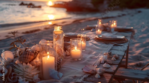 A picturesque sunset dinner setup on a beach with candles and shells adorning the table