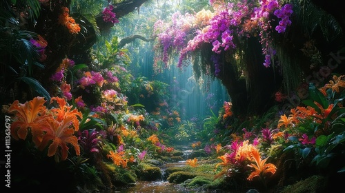 Fototapeta Naklejka Na Ścianę i Meble -  Lush rainforest path with vibrant orchids and stream.