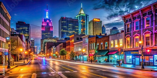 Vibrant and colorful Nashville Broadway at night, showcasing neon lights and bustling nightlife , Nashville photo