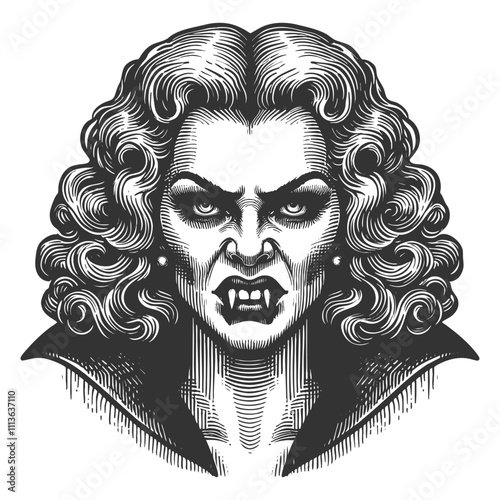 witch or vampire female portrait sketch engraving generative ai fictional character vector illustration. Scratch board imitation. Black and white image.